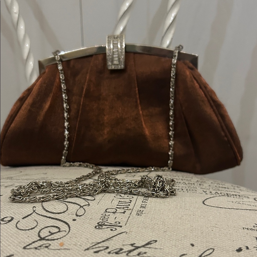 Elegant Bronze Satin Clutch with Silver Chain